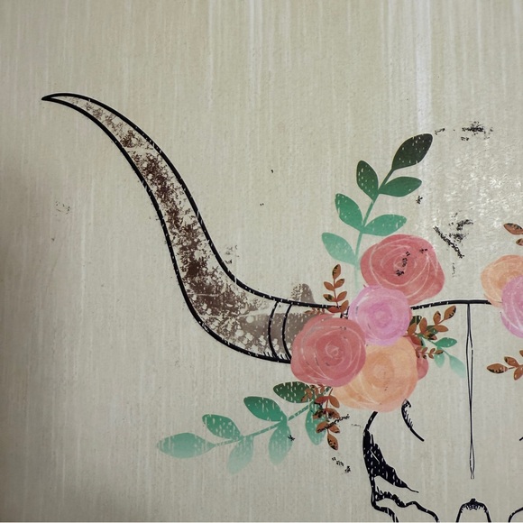 Boho Vibes Floral Bull Skull Print Wall Hanging Home Decor 12”x12” Distress Look - Picture 3 of 8